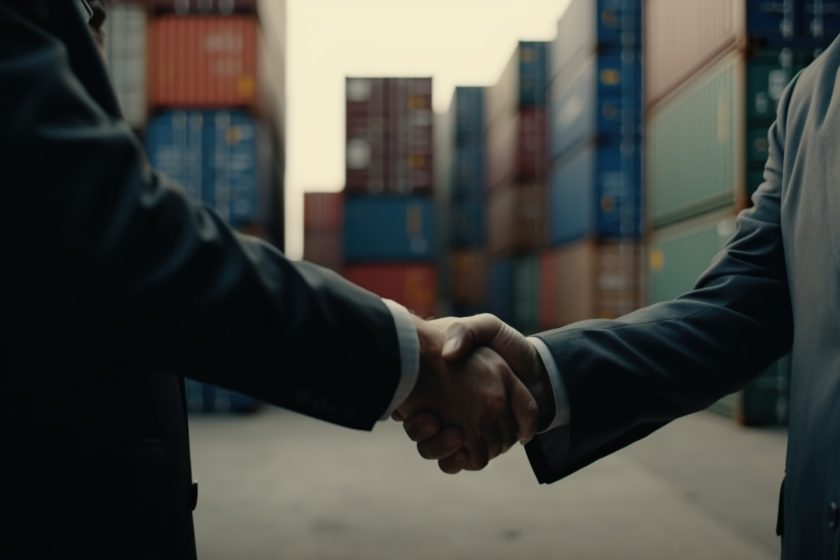 Businessmen handshake of business deal with logistics, Ai Generated Image.