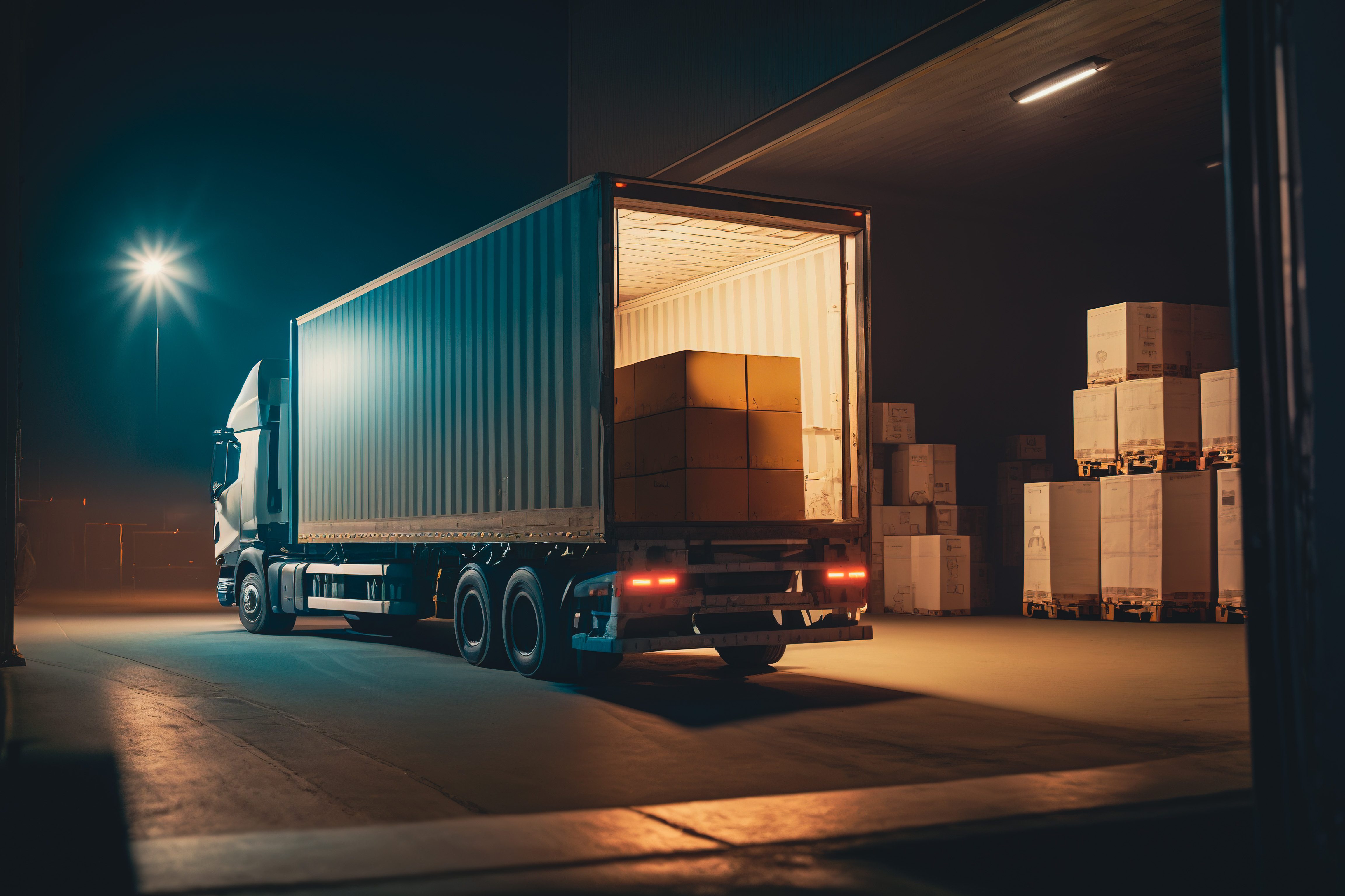 Modern truck filled with shipping boxes in a warehouse bay: logistics and delivery.