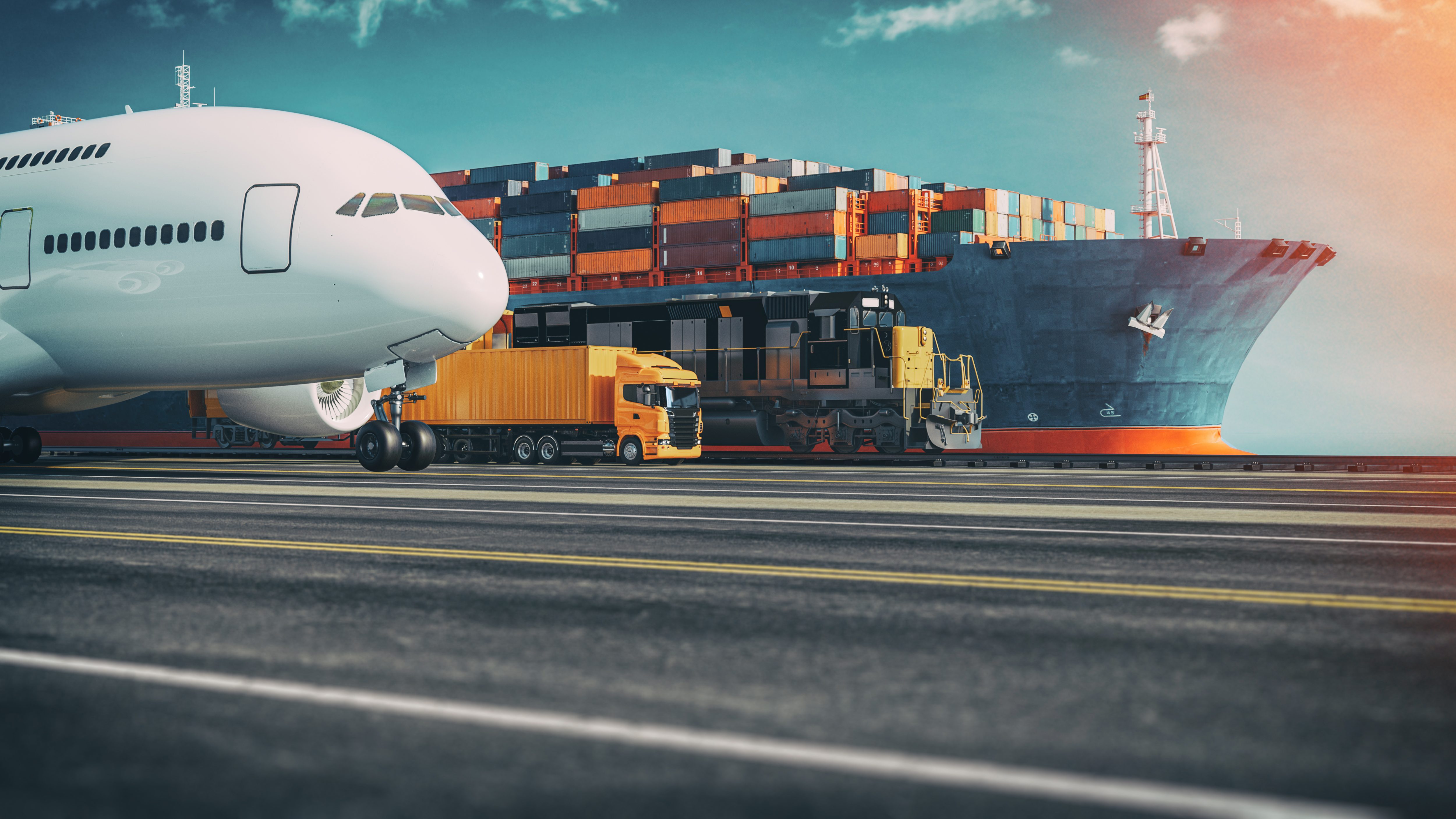 Transportation and logistics of Container Cargo Ship, Cargo Truck, Cargo Rail, and Cargo Plane.