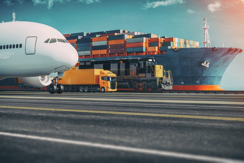 Transportation and logistics of Container Cargo Ship, Cargo Truck, Cargo Rail, and Cargo Plane.